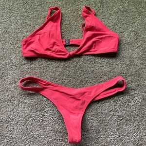 Neon pink coral white fox bikini small large